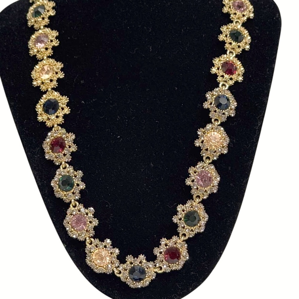 Talbots Gold toned floral link necklace with muti colored faux gemstones EUC